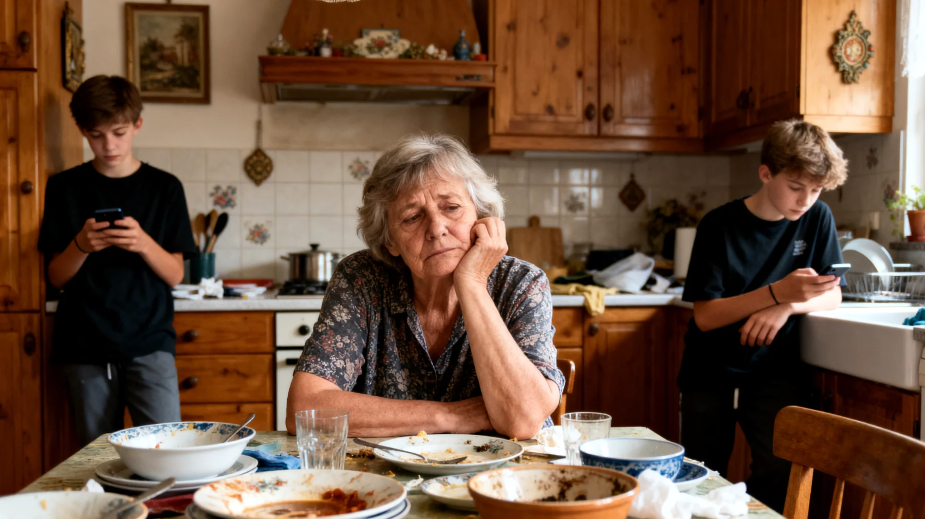 Die Großmutter fühlt sich überfordert und ungehört, weil ihre Teenagerenkel sich konsequent weigern, im Haushalt mitzuhelfen – sei es beim Aufräumen, Kochen oder einfachen Alltagsaufgaben. Trotz wiederholter Bitten und Ermahnungen zeigen die Jugendlichen wenig Bereitschaft, Verantwortung zu übernehmen, was zu wachsender Erschöpfung und dem Gefühl mangelnder Wertschätzung bei der Großmutter führt."
