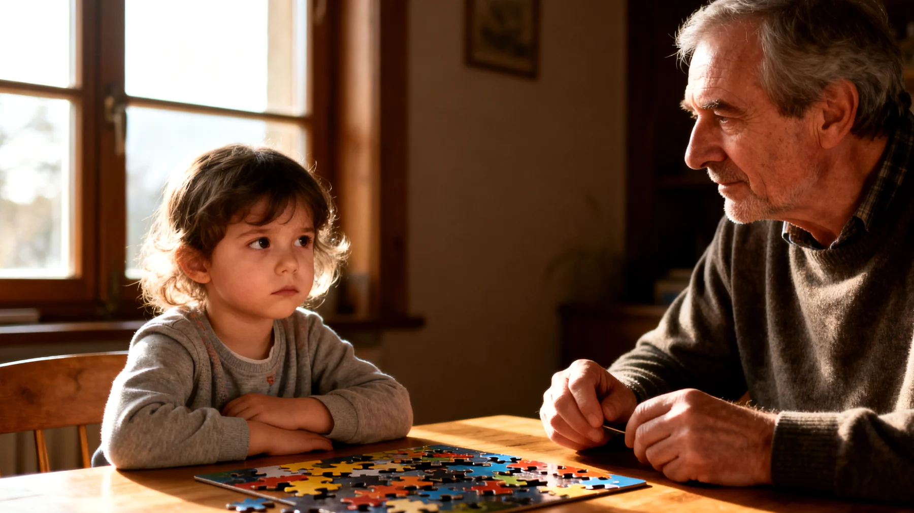 Der Großvater bemerkt, dass sein Enkelkind sich zunehmend verschließt und kaum über seine Gefühle, Gedanken oder Erlebnisse spricht. Trotz gemeinsamer Zeit entsteht keine echte emotionale Verbindung, da dem Großvater die Werkzeuge und die Sprache fehlen, um einen tieferen, einfühlsamen Dialog mit dem kleinen Kind aufzubauen. Er fühlt sich hilflos und fragt sich, wie er die emotionale Distanz überbrücken kann."