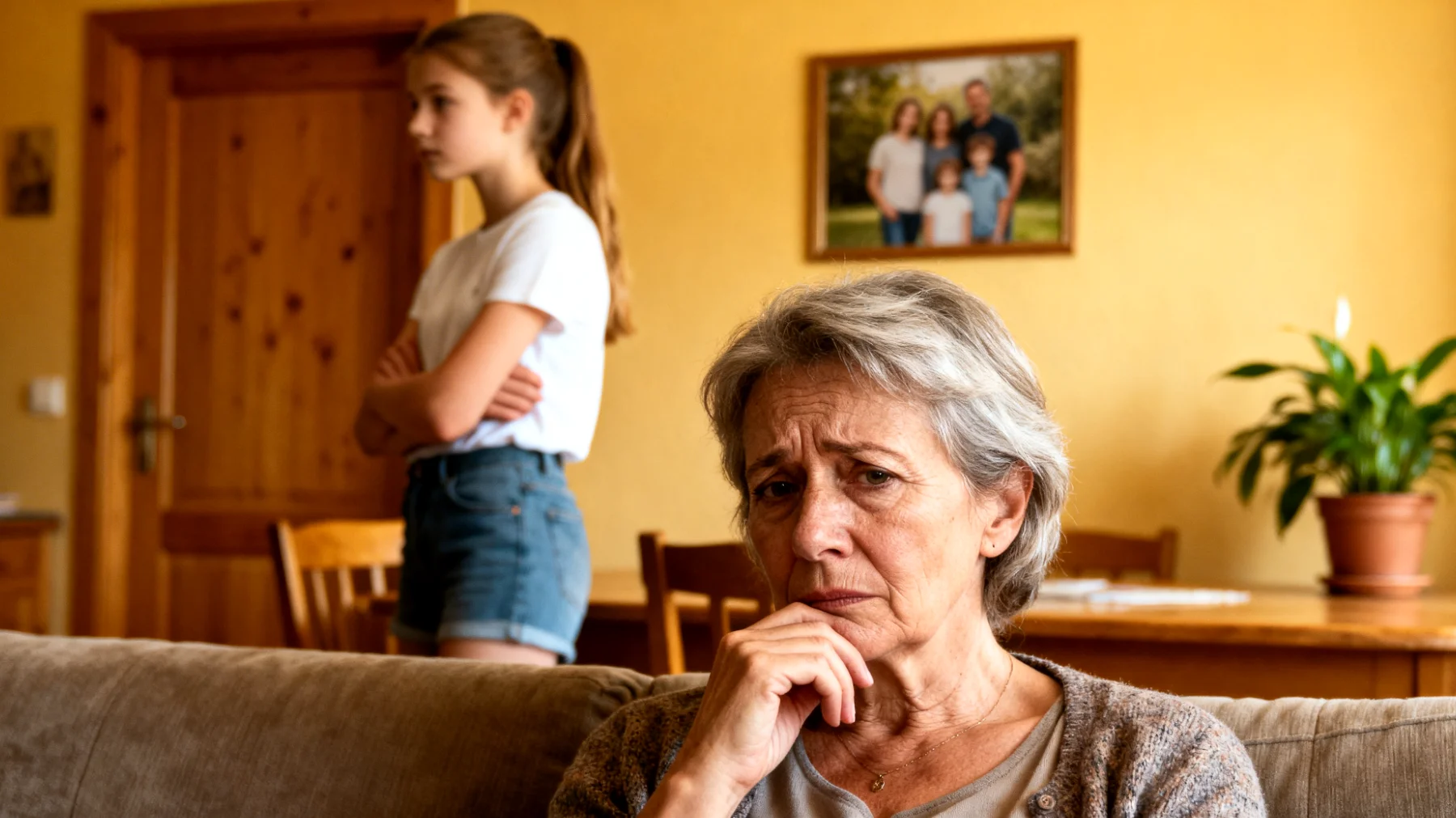 Die Großmutter bemerkt, dass ihre Enkeltochter (15 Jahre) ihr gegenüber zunehmend feindselig und eifersüchtig reagiert, wenn sie Zeit oder Aufmerksamkeit dem jüngeren Enkel schenkt. Das Mädchen zieht sich zurück, macht abwertende Kommentare und weigert sich, gemeinsame Familienmomente zu teilen, was zu einer wachsenden emotionalen Distanz und Spannungen innerhalb der Familie führt."
