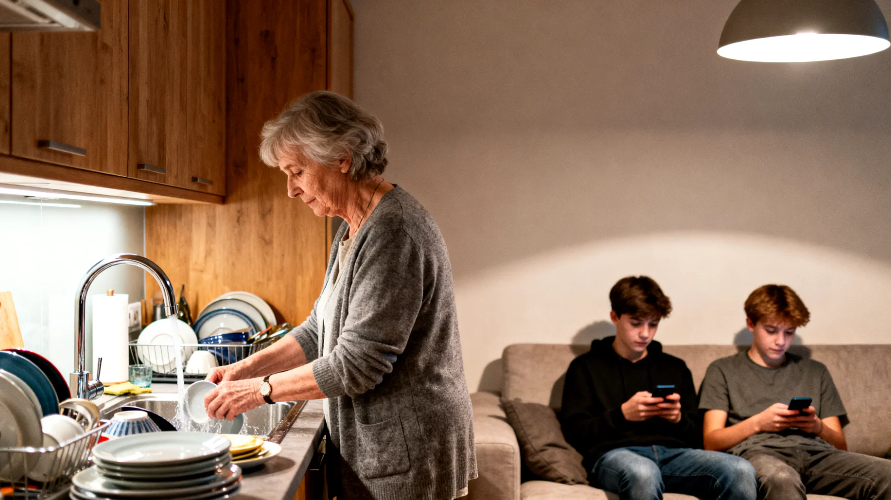 Die Großmutter fühlt sich zunehmend überfordert und unverstanden, weil ihre jugendlichen Enkelkinder sich weigern, im Haushalt mitzuhelfen. Sie erledigt alle Aufgaben alleine, während die Jugendlichen passive Zuschauer bleiben. Dies führt zu wachsender Erschöpfung, Groll und einem Gefühl der Unsichtbarkeit bei der Großmutter, die sich fragt, ob sie zu wenig Autorität hat oder ob ihre Erziehungswerte in der heutigen Zeit nicht mehr funktionieren."