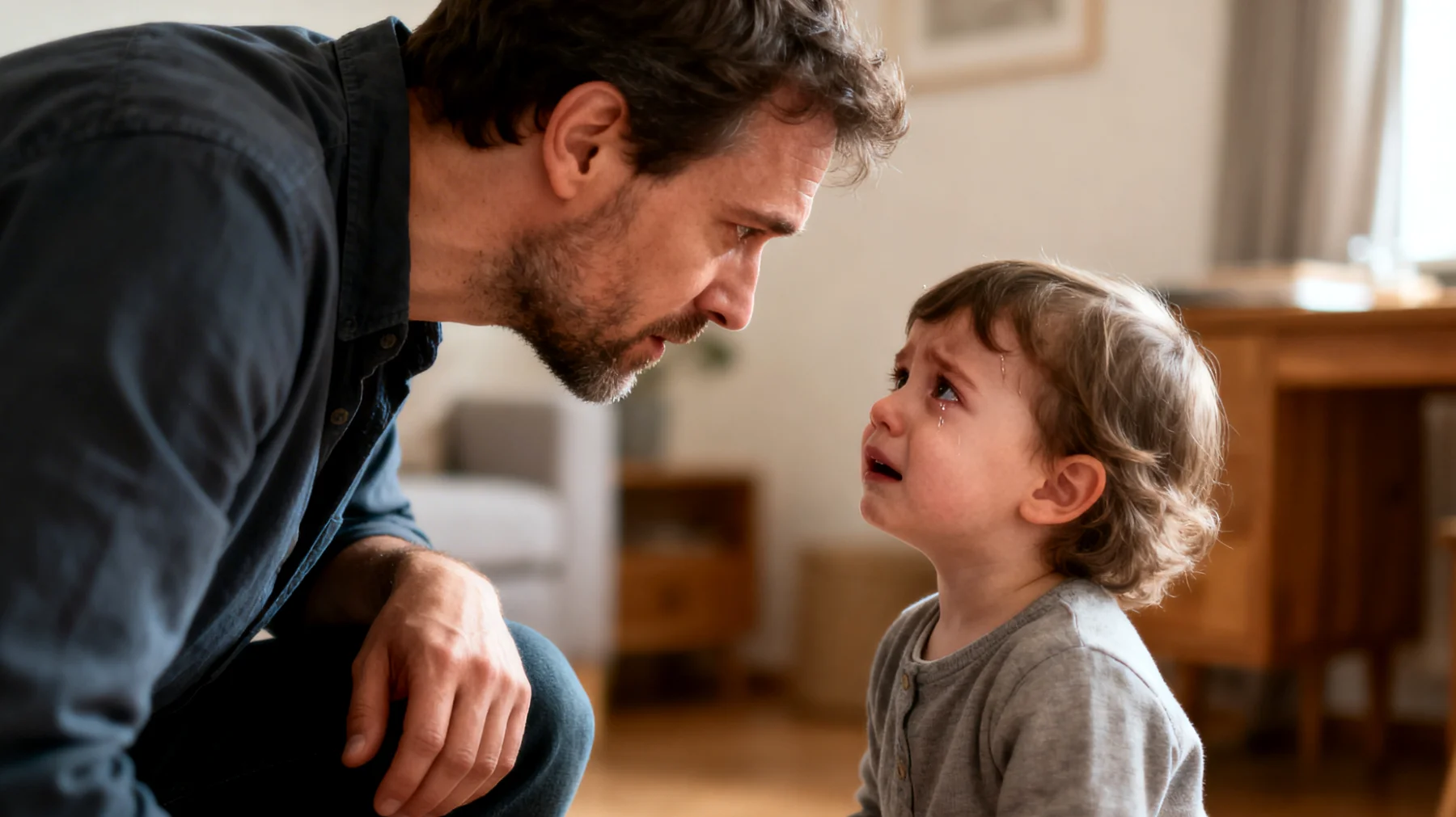 Der Vater hat große Schwierigkeiten, seinen Kindern gegenüber 'Nein' zu sagen. Aus Angst, ihre Zuneigung zu verlieren oder Konflikte zu vermeiden, gibt er fast allen Wünschen und Forderungen nach. Dies führt dazu, dass die Kinder keine klaren Grenzen kennen, zunehmend anspruchsvoller werden und Frustration kaum tolerieren können. Der Vater fühlt sich gleichzeitig schuldig und erschöpft, weil er merkt, dass sein Verhalten langfristig weder ihm noch seinen Kindern nützt."